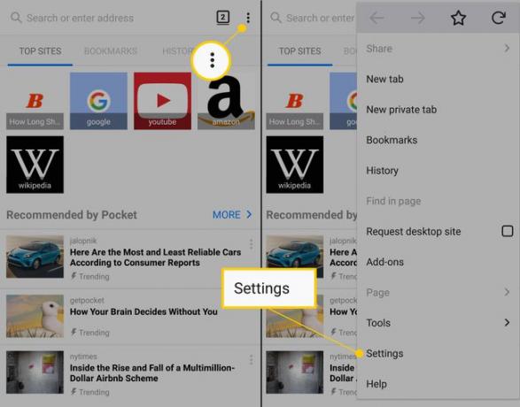 Ícono de menú de tres puntos y elemento de configuración en Firefox para dispositivos móviles