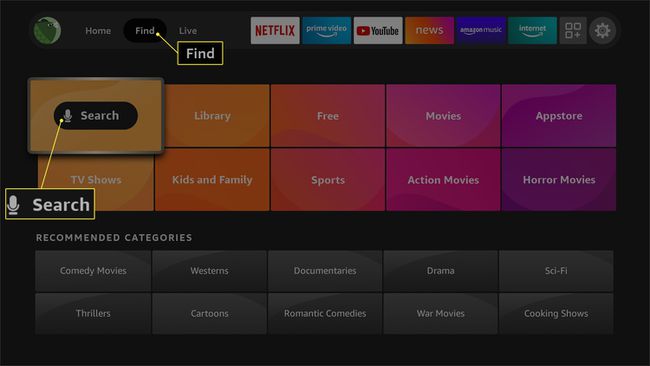 Szukaj kafelka z menu Znajdź Amazon Fire TV Stick.