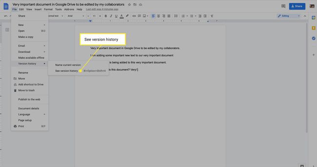 Google Doc ที่ไฮไลต์ดูประวัติเวอร์ชัน