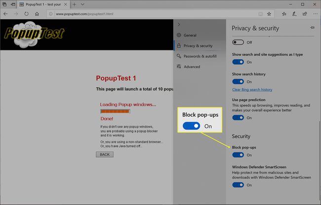 Navegador Edge que muestra el control deslizante Bloquear ventanas emergentes