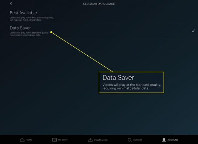 データセーバーオプションが強調表示されたHuluのセルラーデータ使用量ページのスクリーンショット