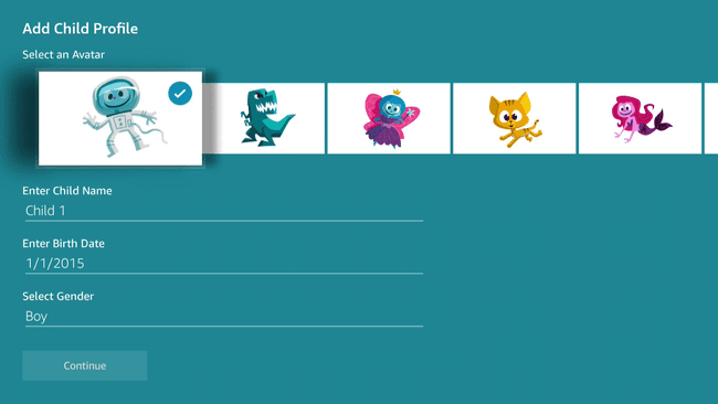 Zrzut ekranu ekranu wprowadzania profilu dziecka w Firestick.