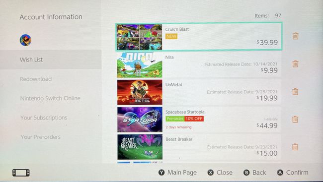 Nintendo e-Shoppe'taki İstek Listesinden bir ekran görüntüsü.