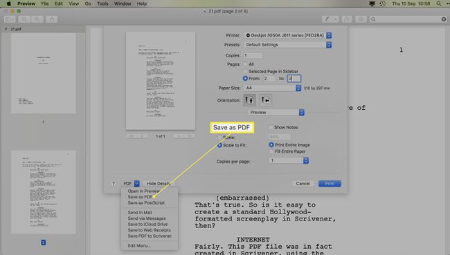 Visualização do MacOS com Salvar como PDF destacado na caixa de diálogo de impressão