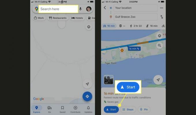 Google Maps meklēšanas lodziņš un poga Sākt norādījumus, kas iezīmēti Google Maps lietotnē iPhone tālrunī.