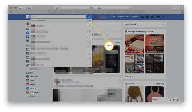 Facebook početna stranica s istaknutom opcijom uređivanja nedavnog pretraživanja
