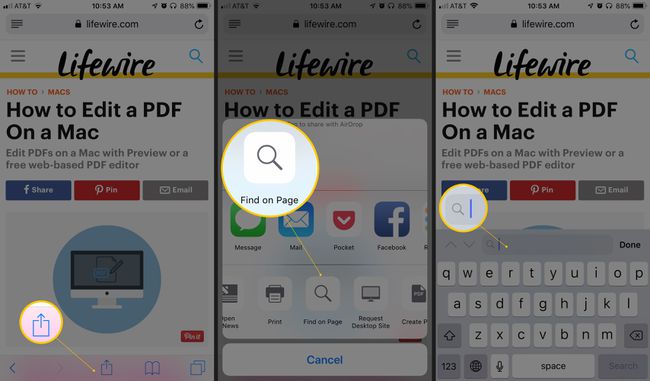 Tres pantallas de iOS que muestran el botón de acción en Safari, Buscar en la página y el campo de búsqueda
