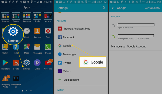 Configurações, Google, campo de sincronização no Android