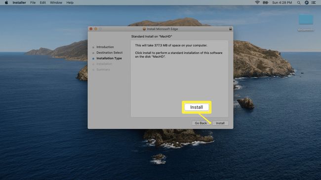 Una captura de pantalla del instalador de macOS Edge.