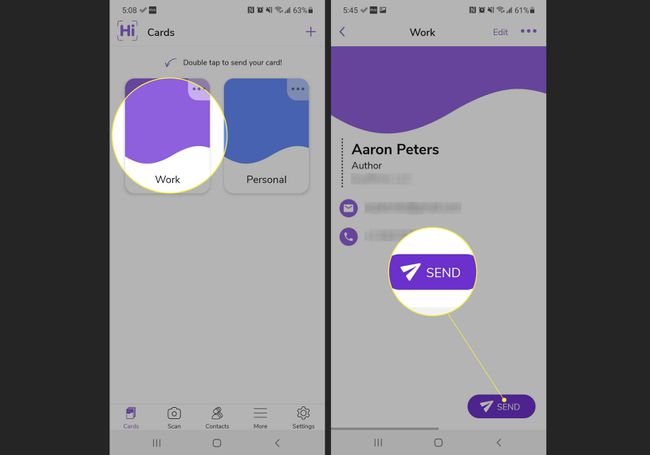 Biglietto da visita di lavoro di HiHello Card e pulsante Invia evidenziati