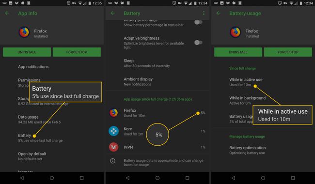 Baterie, utilizarea bateriei Firefox, în timpul utilizării active pe Android