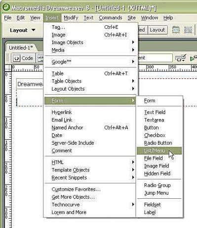 Einfügen eines ListMenu in Dreamweaver