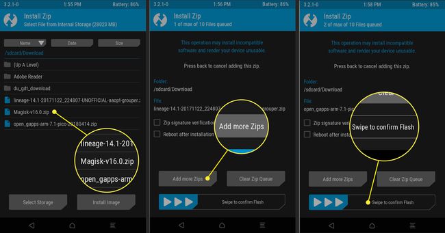 Szakértői tipp: Megjegyzés: Ha a Magisk felvételét választotta, válassza a További zipek hozzáadása lehetőséget, és adja hozzá. Ha nem, lépjen előre, és csúsztassa az ujját a vaku megerősítéséhez.