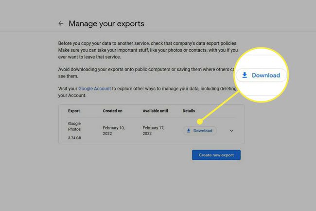 El botón de descarga resaltado en Google Fotos cuando el lote de fotos está listo para la descarga de exportación.