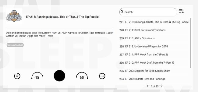 Eat SleepFantasyのWebサイトのポッドキャストページのスクリーンショット。