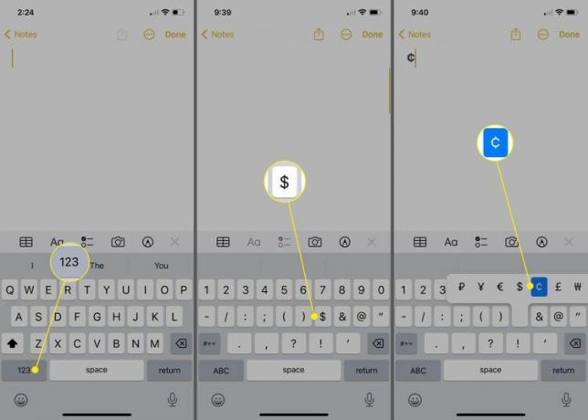 123 nupp, dollarimärk ja sendimärk iPhone'i klaviatuuri dollarimärgi tööriistaribal