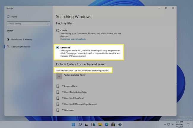 Opzione di ricerca avanzata di Windows selezionata
