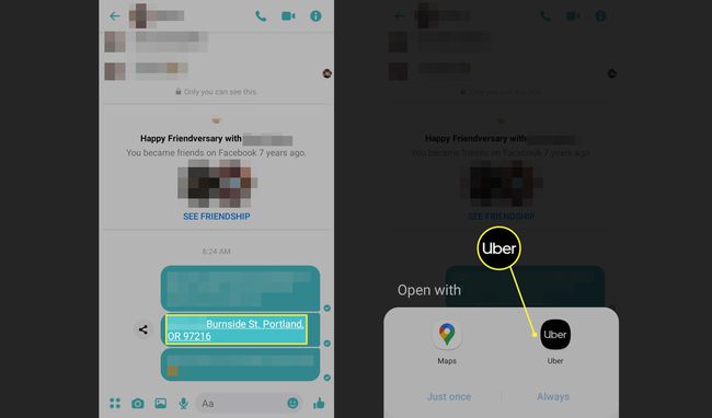 Adresse und Uber in der Facebook Messenger App hervorgehoben