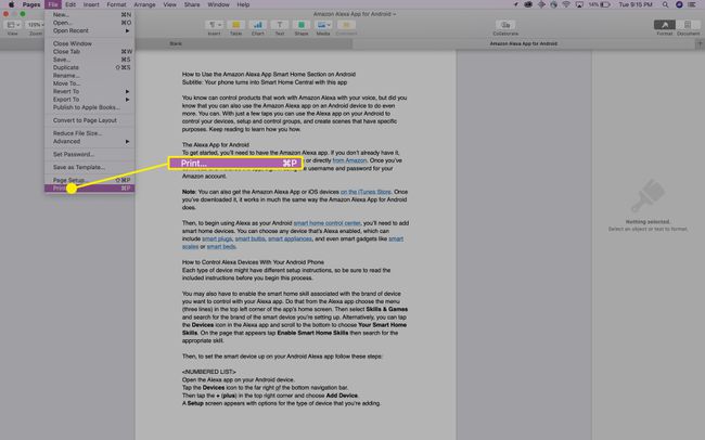 O menu Imprimir em Pages no Mac.