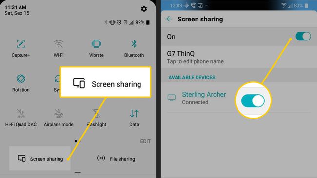 Ekrāna koplietošanas izvēlnes poga un pārslēgšanas slēdzis operētājsistēmā Android