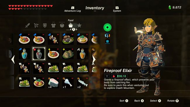 Uno screenshot dell'inventario con un elisir in Legend of Zelda: Breath of the Wild
