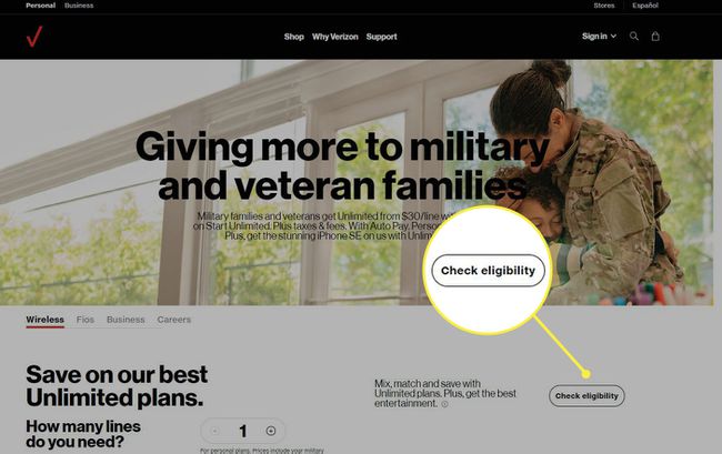 Verizon 군인 할인 페이지에 있는 자격 확인 버튼.