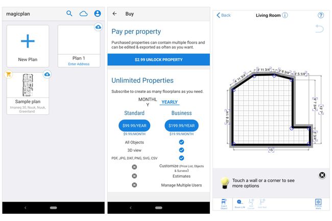 3 snímky obrazovky: Úvodní obrazovka magicplan, zobrazující plány; Obrazovka s podrobnostmi o cenách pro upgrady; Ukázka půdorysu po skenování.