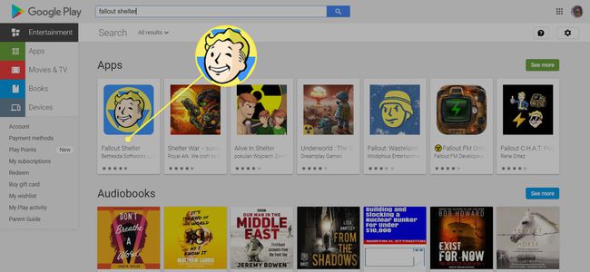 PC-käyttäjä etsii peliä " Fallout Shelter" Google Play Kaupasta