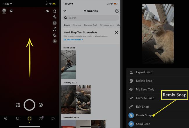 Pantalla Snapchat Memories que muestra la opción Remix Snap