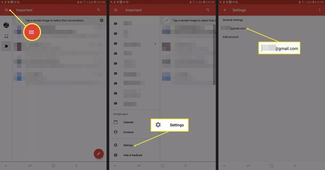 Android Gmail 설정의 메뉴 버튼, 설정 버튼 및 Gmail 계정