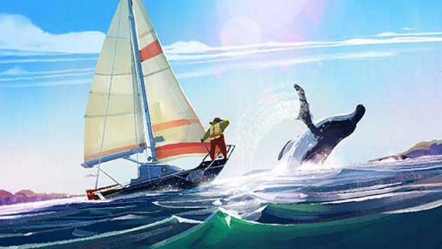 おじいちゃんの旅iOSゲームで、ヨットとシロナガスクジラが海から飛び出します。