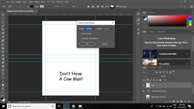 Vælg logolaget på lagpaletten for at åbne dialogboksen Opret brugerdefineret form, indtast derefter en størrelse på 100 x 100 pixels, og vælg OK.