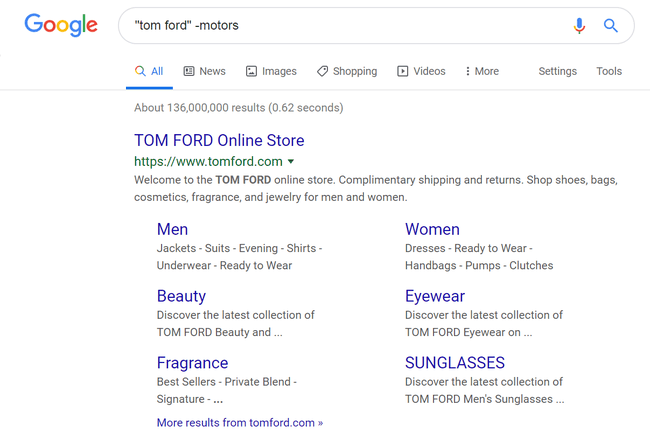 Tom Ford에 대한 Google 검색 결과