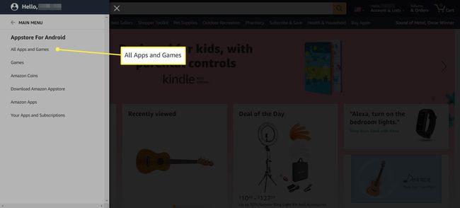 Amazon-verkkosivusto, jossa on Kaikki-valikko ja Kaikki sovellukset ja pelit korostettuna