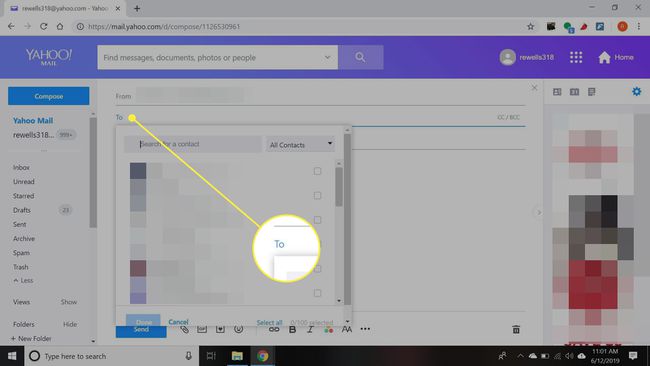 Yahoo Mail com o campo Para destacado