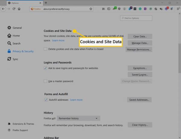 La pantalla de privacidad de Firefox con el encabezado Cookies y datos del sitio resaltado