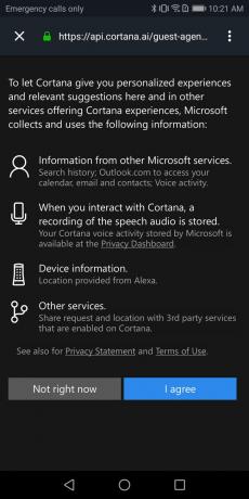 Permisiunile Cortana solicitate de dispozitiv în aplicația Android Alexa.