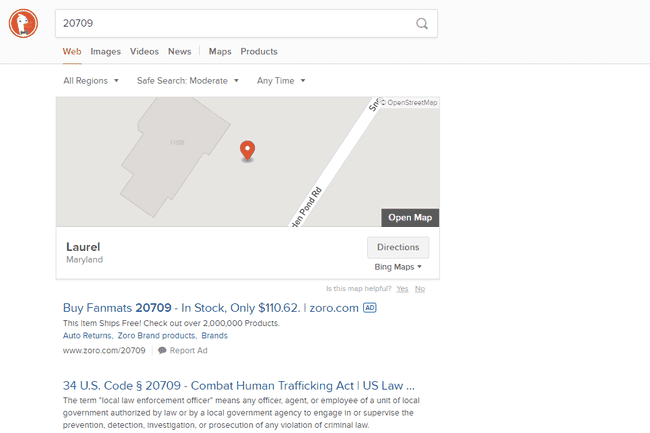 informacje o kodzie pocztowym znalezione w DuckDuckGo