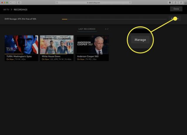 Képernyőkép a Sling TV Manage DVR képernyőjéről.