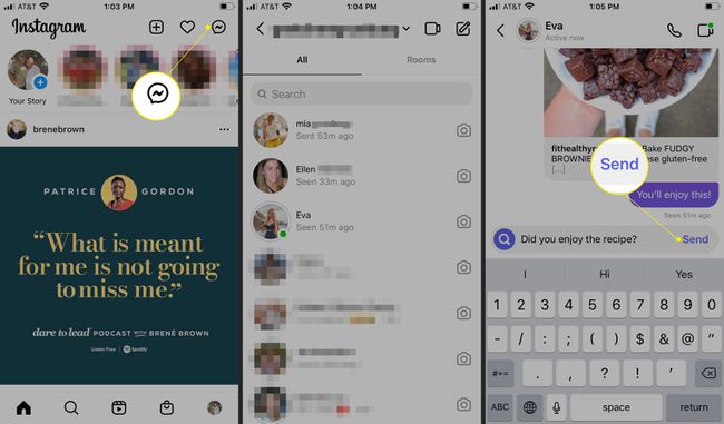 메신저 아이콘과 보내기가 강조 표시된 상태에서 Instagram 대화 계속하기
