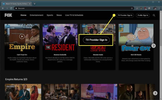 ปุ่มลงชื่อเข้าใช้ผู้ให้บริการทีวีบน Fox.com