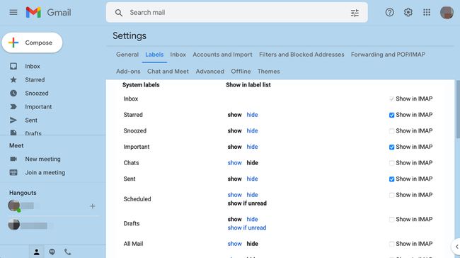 Гмаил подешавања која приказују опцију Прикажи у ИМАП за ознаке