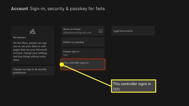 Uma captura de tela das opções de login, segurança e senha no Xbox Series X | S.