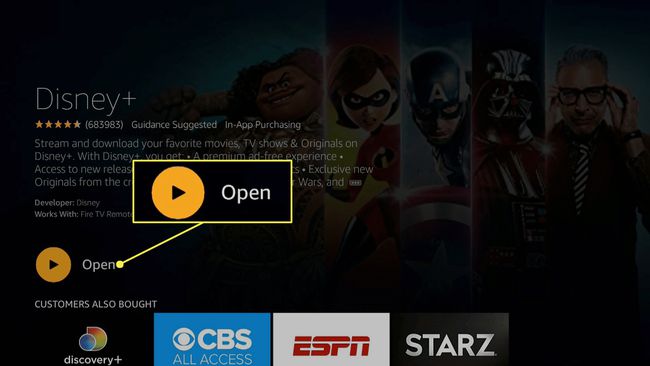 Disney Plus en Fire TV con Open resaltado.