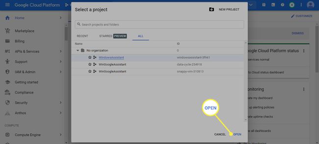 Google Cloud Platform'da bir proje seçin altında açın