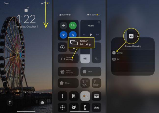 Knappen Screen Mirroring och en Apple TV i iOS Control Center