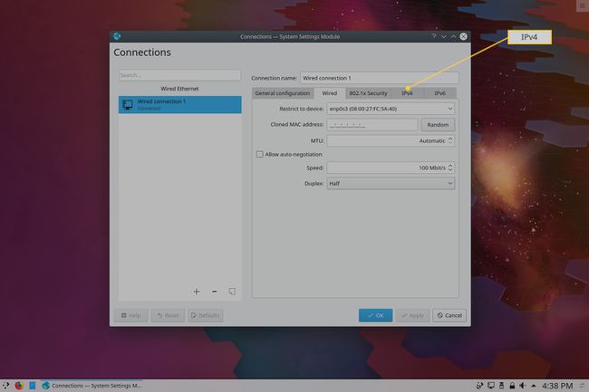 Screenshot van het KDE Network IPv4-tabblad.