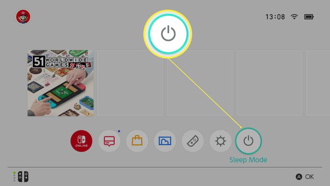 Nintendo Switch-Startmenü mit hervorgehobenem Schlafmodus