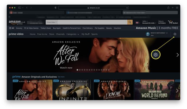 歯車のアイコンが強調表示されたAmazonプライムビデオのウェブサイト