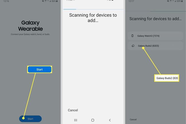 Galaxy Wearable 앱에서 스캔 시작 장치 선택